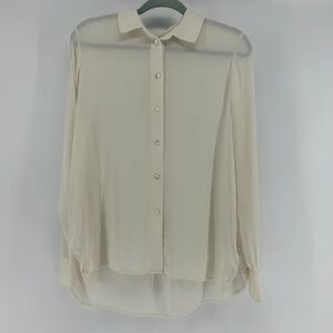 Vince Collared Silk Button Down Shirt Women's L Long Sleeve Off White Top Pleat